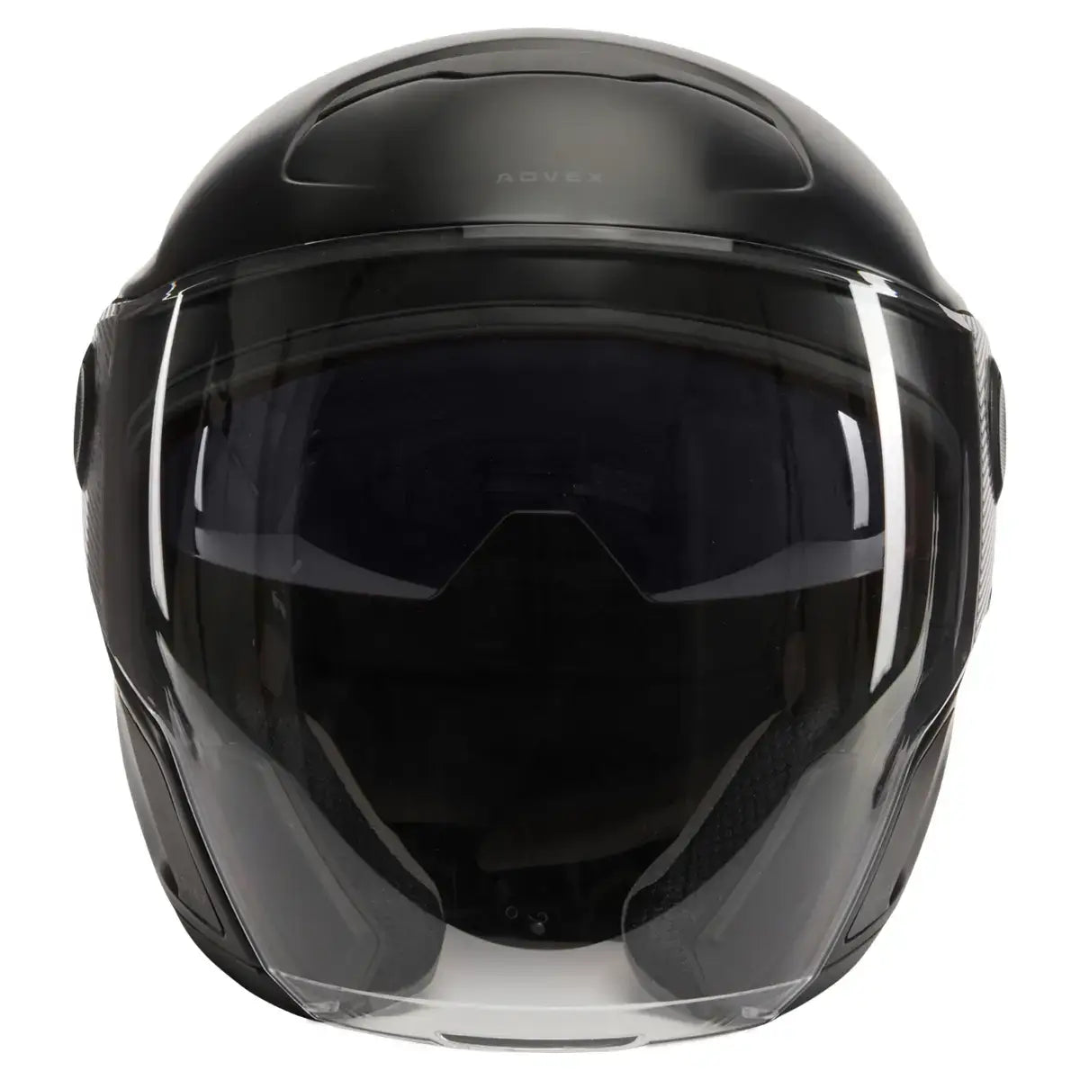 Black motorcycle helmet with clear visor on a white background