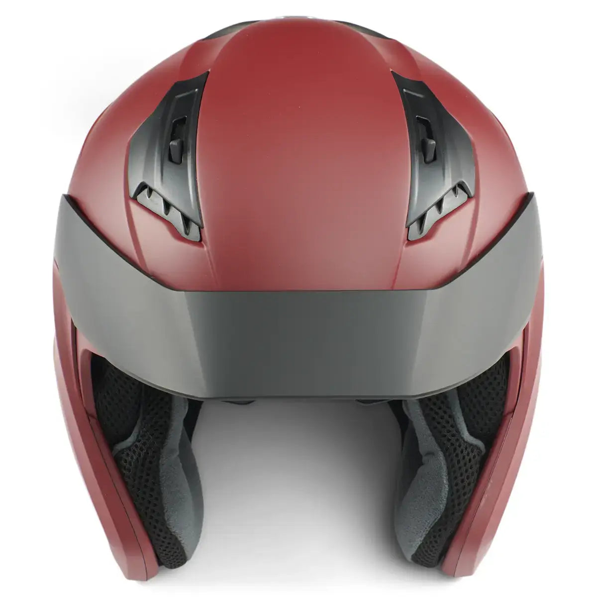 Red and gray motorcycle helmet on a white background