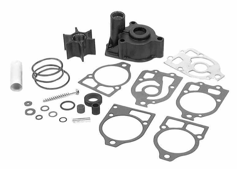 Water pump repair kit, all parts laid out on white background