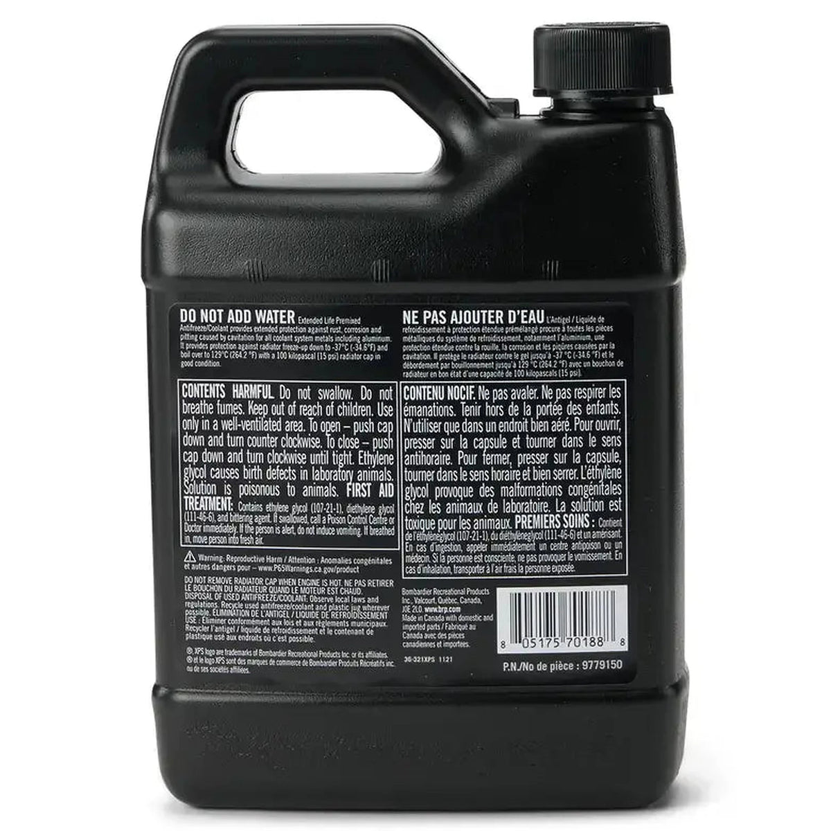 XPS Extended Life Pre-Mixed Coolant bottle back label showing usage instructions, BRP antifreeze quart container