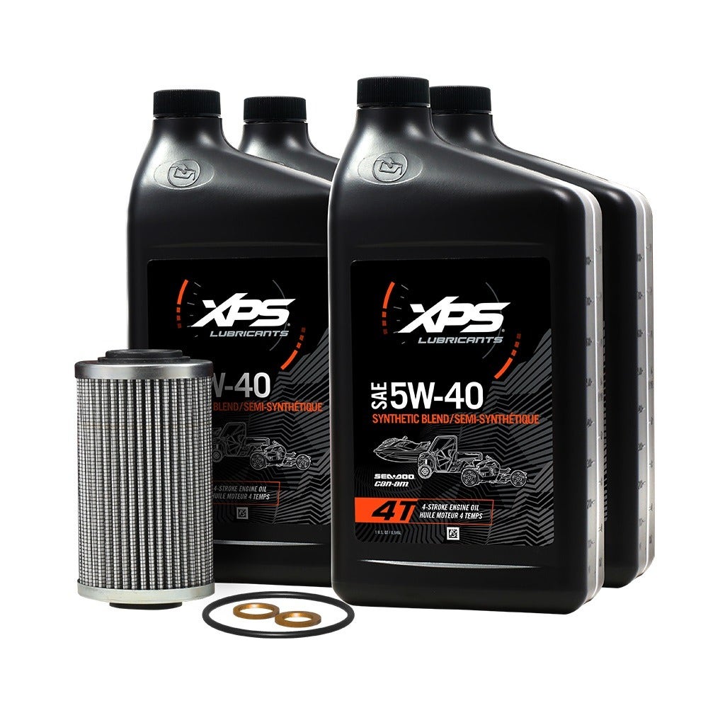 XPS Spyder 4T 5W-40 oil change kit contents: oil bottles, filter and O-rings, 9779247