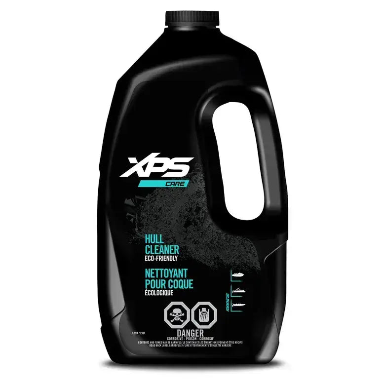 XPS eco-friendly hull cleaner bottle, black jug with teal label, Sea-Doo waterline stain remover