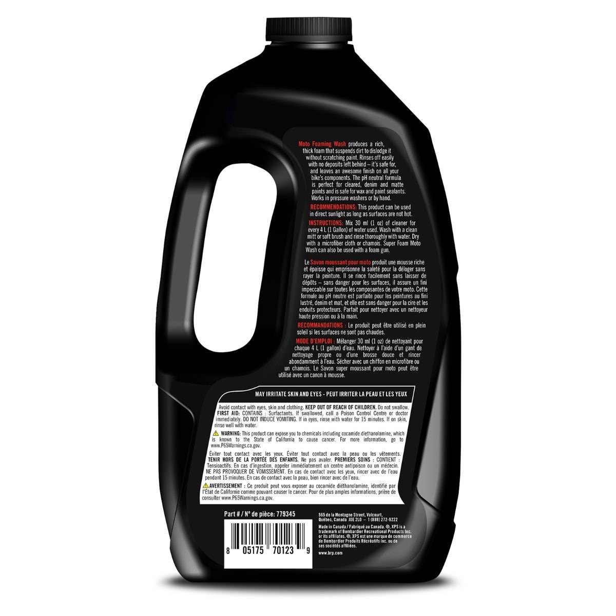 XPS Moto Foaming Wash bottle back label with instructions, Can-Am motorcycle cleaner 9779345