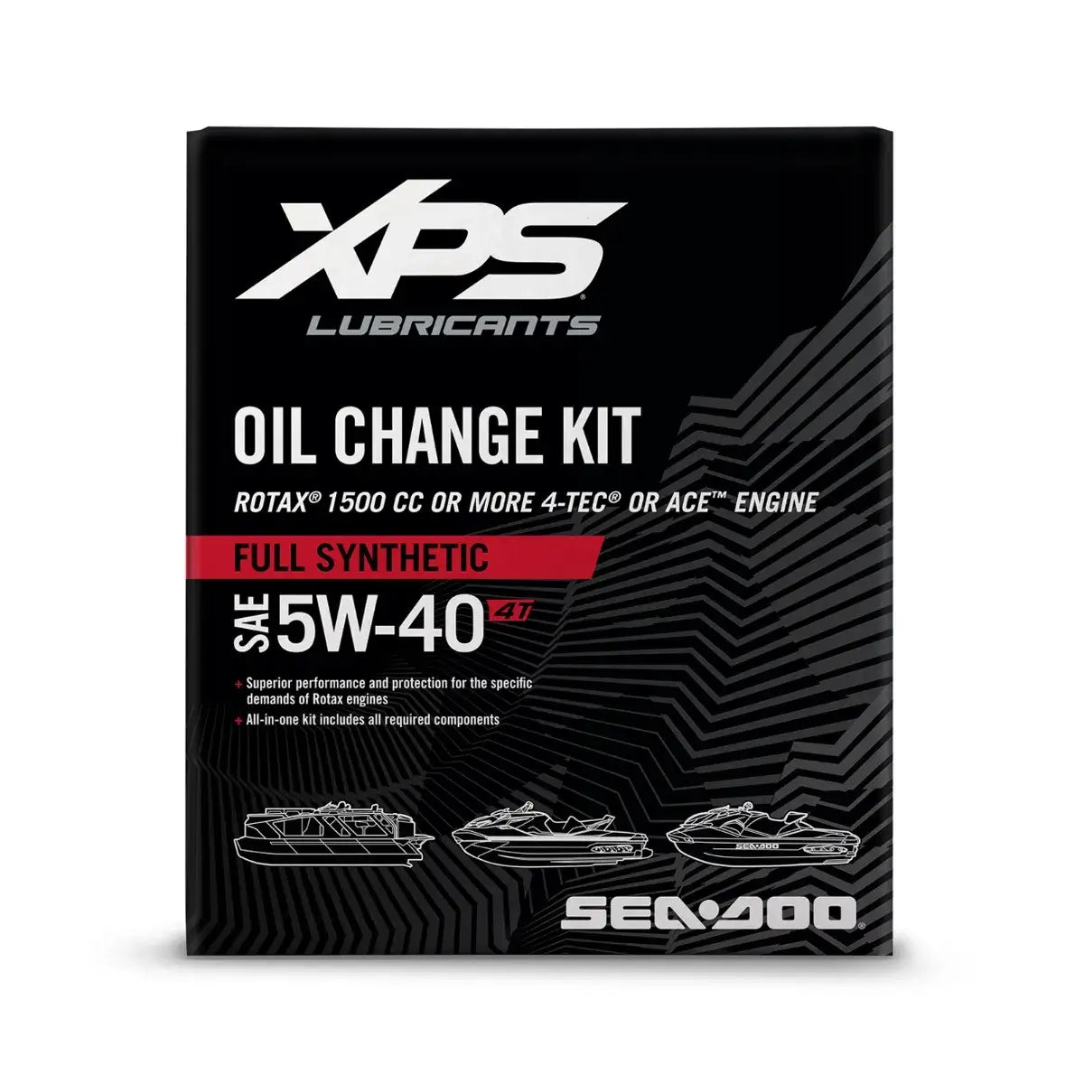 A packaged Sea-Doo 4T 5W-40 Full Synthetic Oil Change Kit with branding and product information displayed on the front.