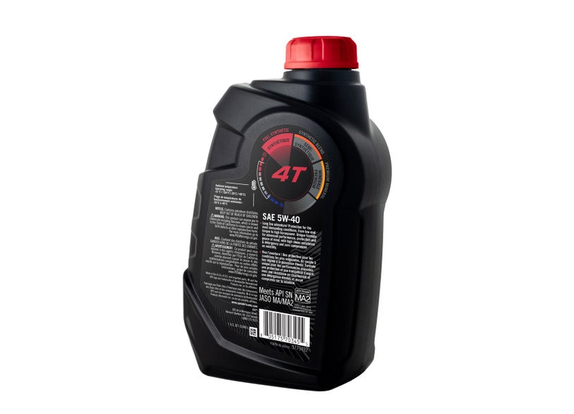 Sea-Doo Can-Am XPS 4T 5W-40 full synthetic oil bottle, black jug red cap, side view