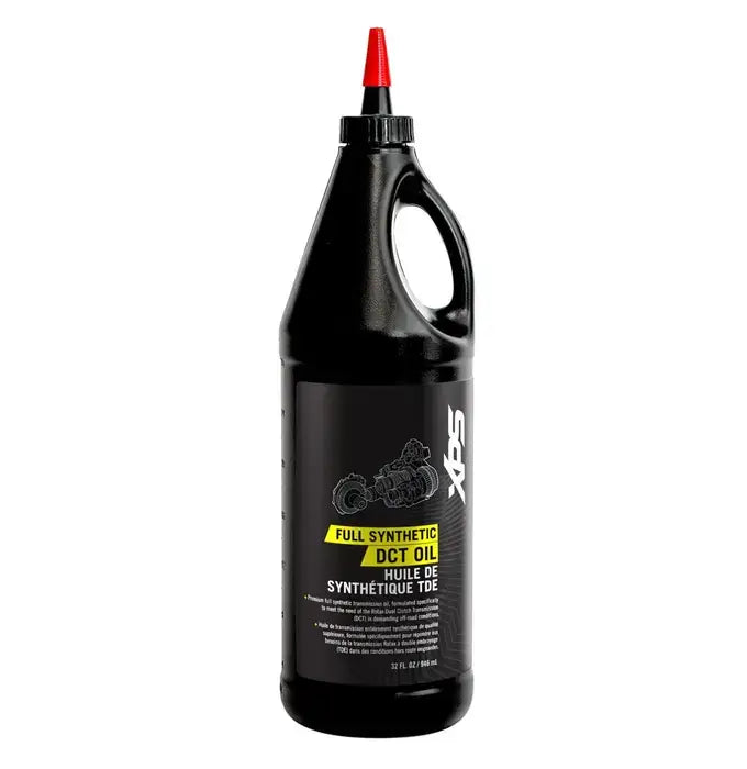 Black bottle of full synthetic DCT oil with a red cap on a white background