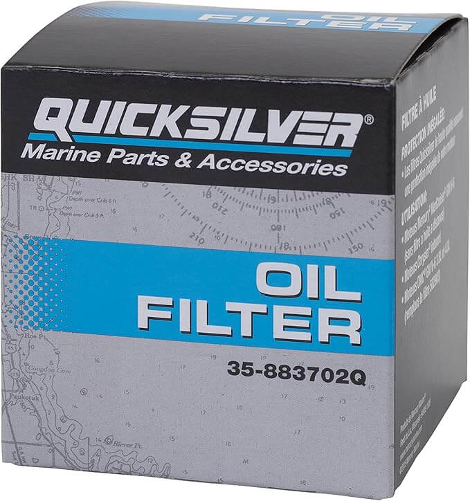 Quicksilver oil filter packaging with branding and product details.