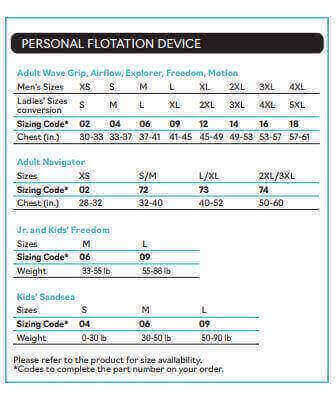 Size chart for Sea-Doo personal flotation devices, including adult and children's sizing options.