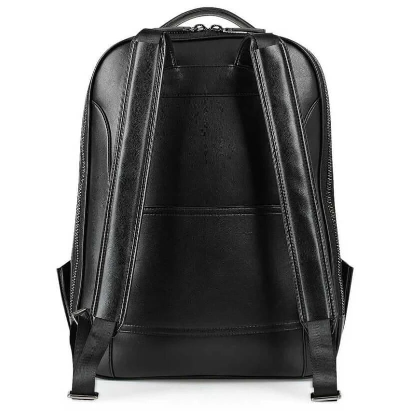 Black backpack shown from the back on a white background
