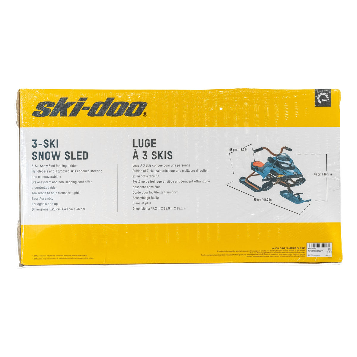 Ski-Doo 3-Ski Snow Sled B108150080 - box back with features and dimensions