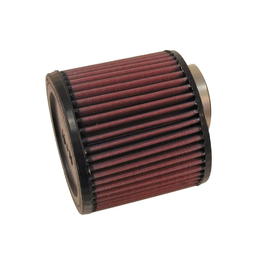 Round air filter with red pleated material on a white background