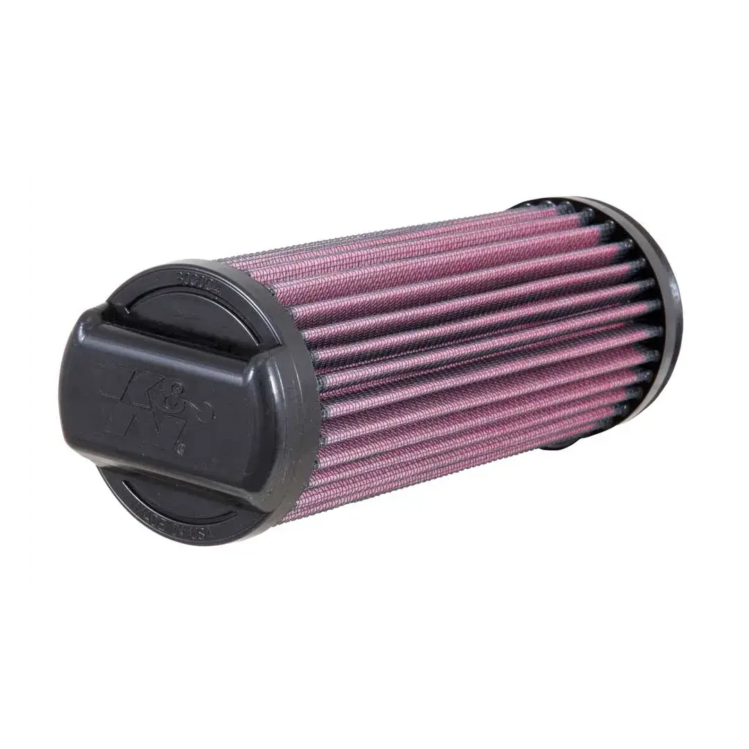 Purple air filter with black housing on a white background
