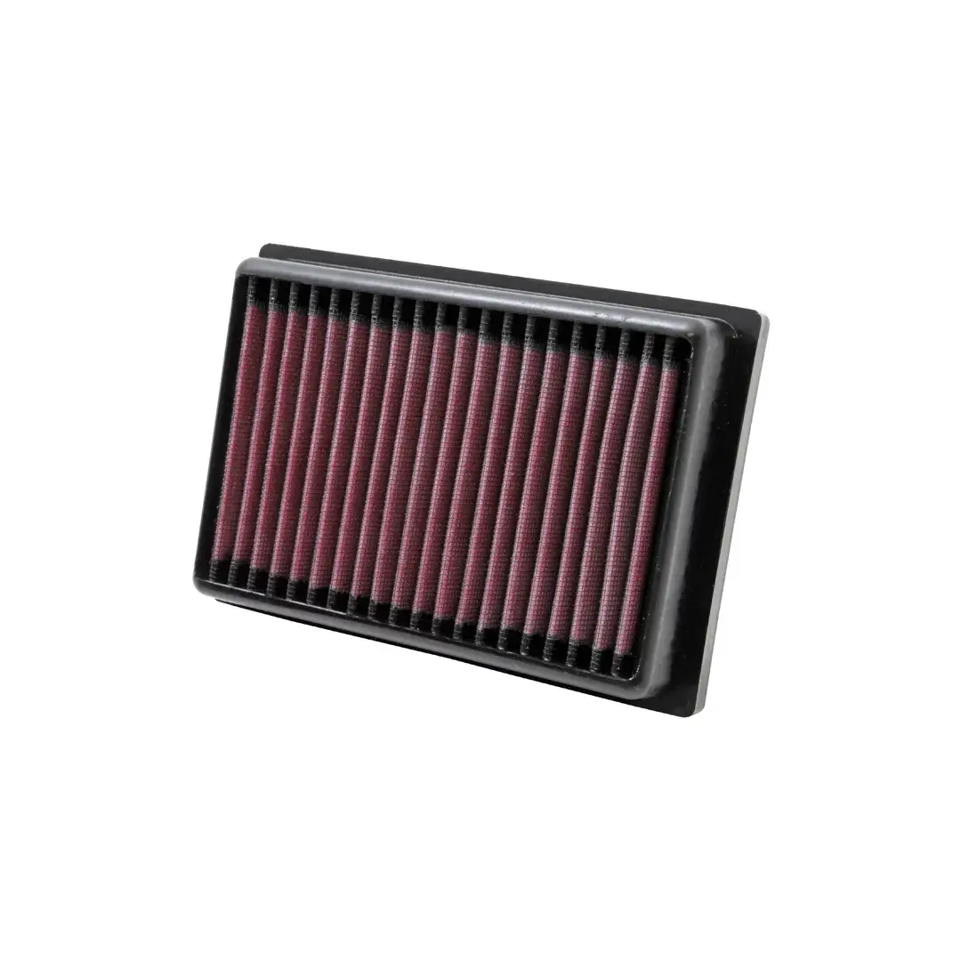 Car air filter with purple pleated material on a white background