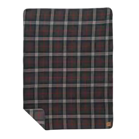 Plaid blanket with a visible brand logo on a white background