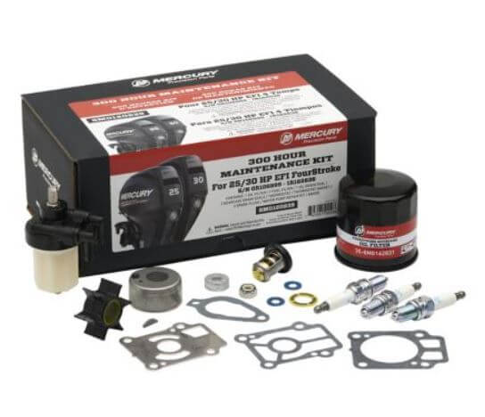 Mercury 300 hour maintenance kit with various parts on a white background