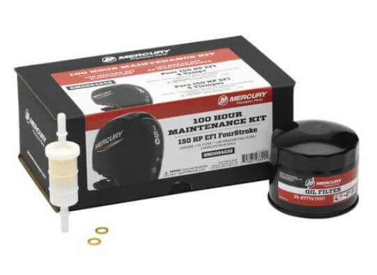 Mercury marine maintenance kit with oil filter, fuel filter, and gaskets on a white background