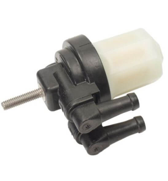 Mechanical component with black housing and white cylindrical part on a white background