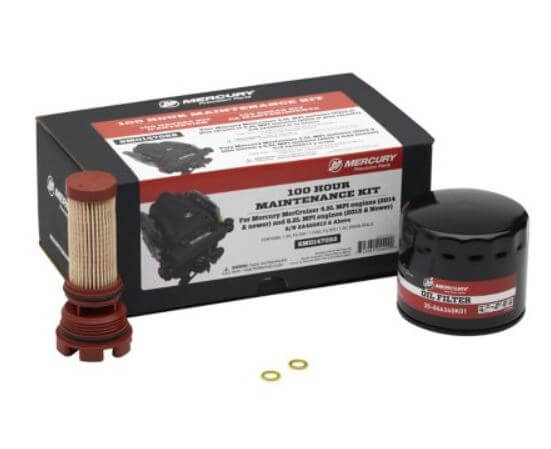 Mercury 100-hour maintenance kit with oil filter, air filter, and gaskets on a white background