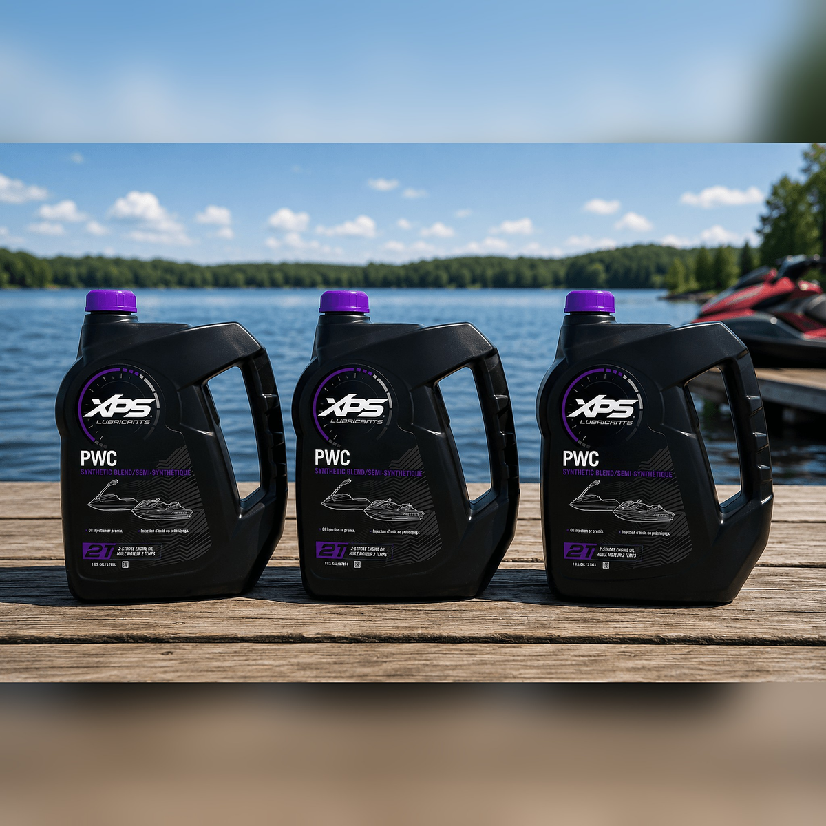 Three XPS PWC 2T synthetic blend 2-stroke oil jugs on dock, Sea-Doo watercraft in background