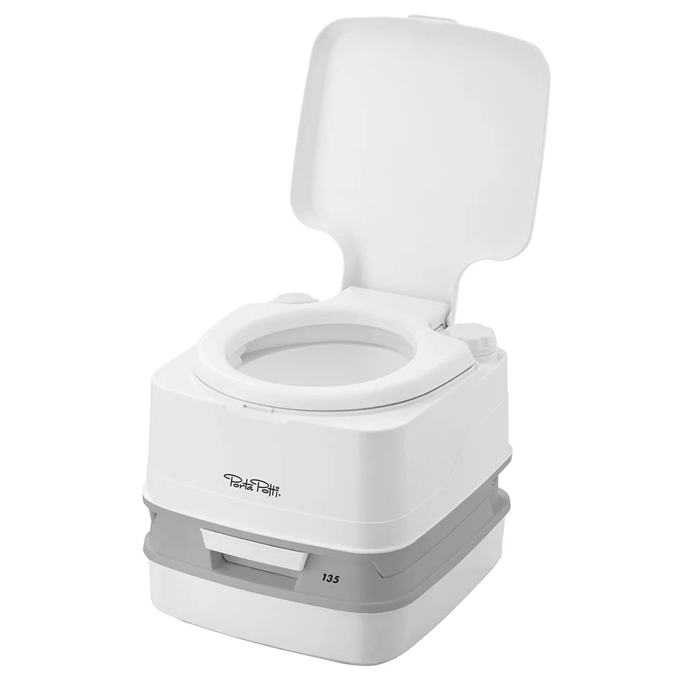 Thetford Porta Potti 135 portable toilet with open lid and hold down kit, white and gray