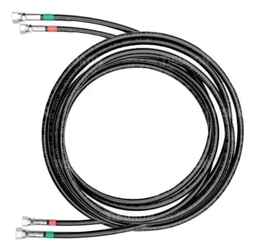Coiled black cable with metal connectors on a white background