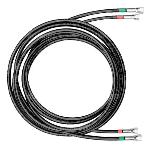 Coiled black hose with metal connectors on a white background