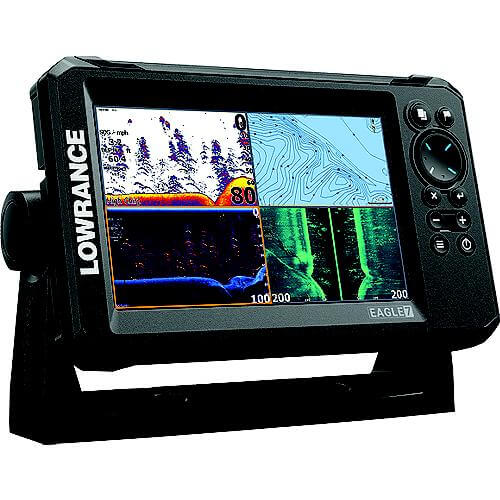 Lowrance Eagle 7 fishfinder with display screen on a white background