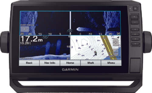 Garmin marine GPS and chartplotter with screen displaying sonar and map data.