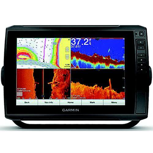 Garmin fishfinder with screen displaying sonar data on a white background