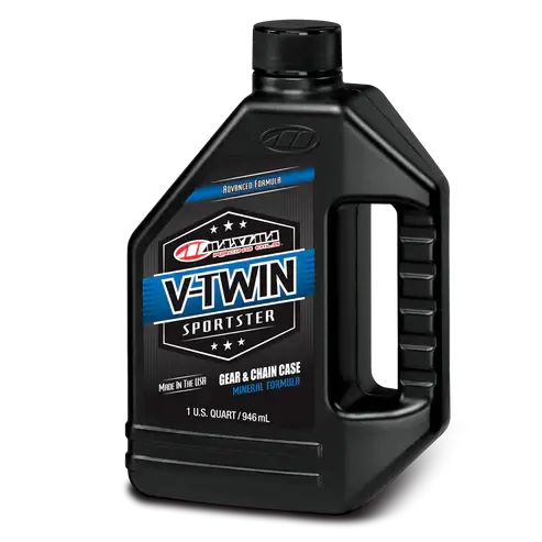 Black bottle of Maxima V-Twin Sportster gear and chain case oil on a white background