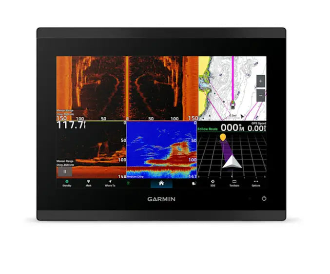 Garmin GPSMAP 9210xsv chartplotter front view sonar and navigation split-screen display