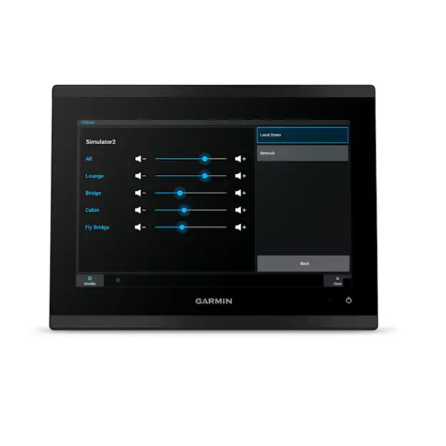 Garmin GPSMAP 9210xsv chartplotter display showing multi-zone audio control screen with volume sliders