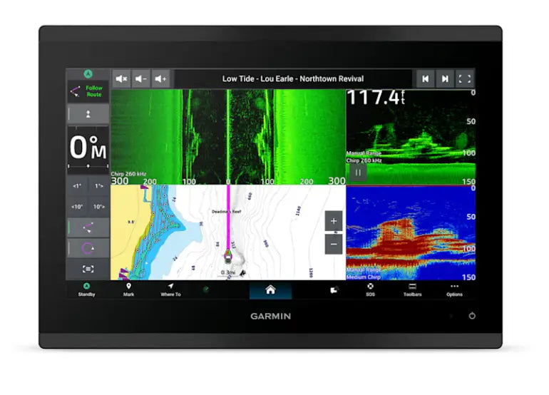 Garmin GPSMAP 9213xsv chartplotter display showing sonar imaging, navigation chart, and depth data screens