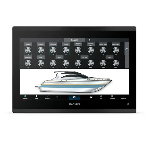 Garmin GPSMAP 9213xsv chartplotter display showing boat control page with docking and lighting icons