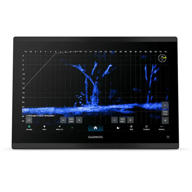 Garmin GPSMAP 9213xsv chartplotter display showing LiveScope sonar imaging with blue underwater view