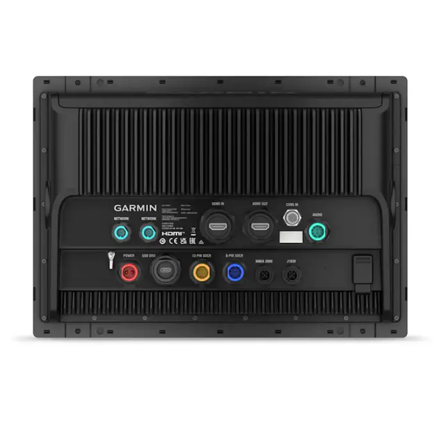 Garmin GPSMAP 9213xsv chartplotter rear panel showing HDMI NMEA network and power ports