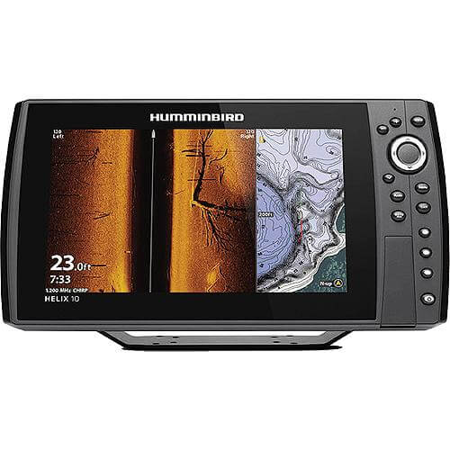 Humminbird Helix 10 fishing display with screen showing sonar images on a white background