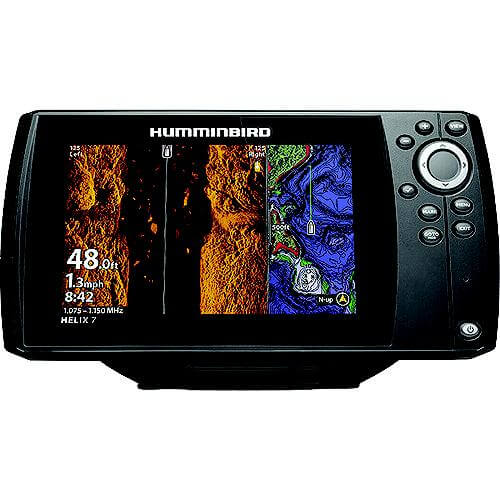 Humminbird Helix 7 fishing display with sonar graphics on a white background