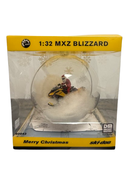 Ski-Doo MXZ Blizzard 1:32 diecast snow globe ornament with rider figure in packaging