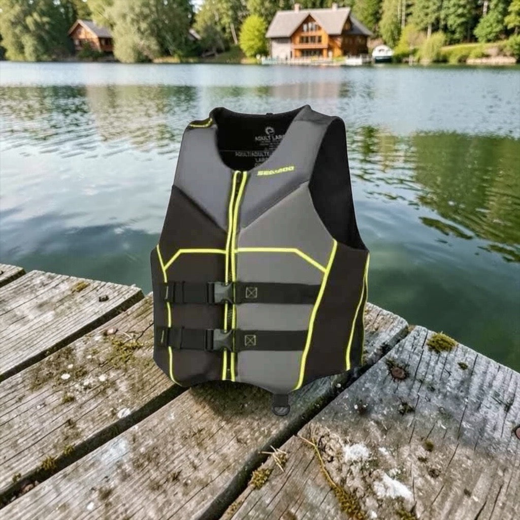 Life jacket on a wooden dock by a lake with a cabin in the background