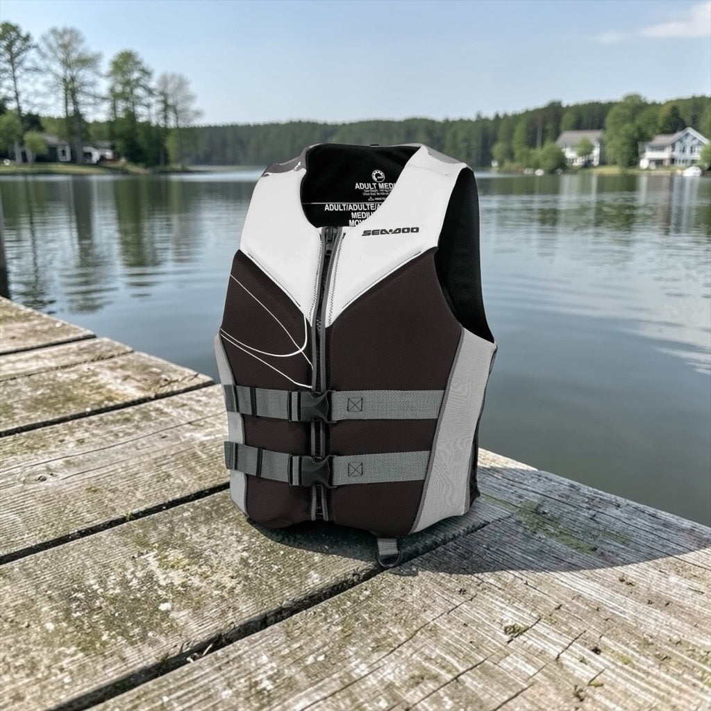 Life jacket on a wooden dock by a lake with trees and houses in the background