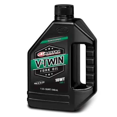 Black bottle of Maxima V-Twin Fork Oil on a white background