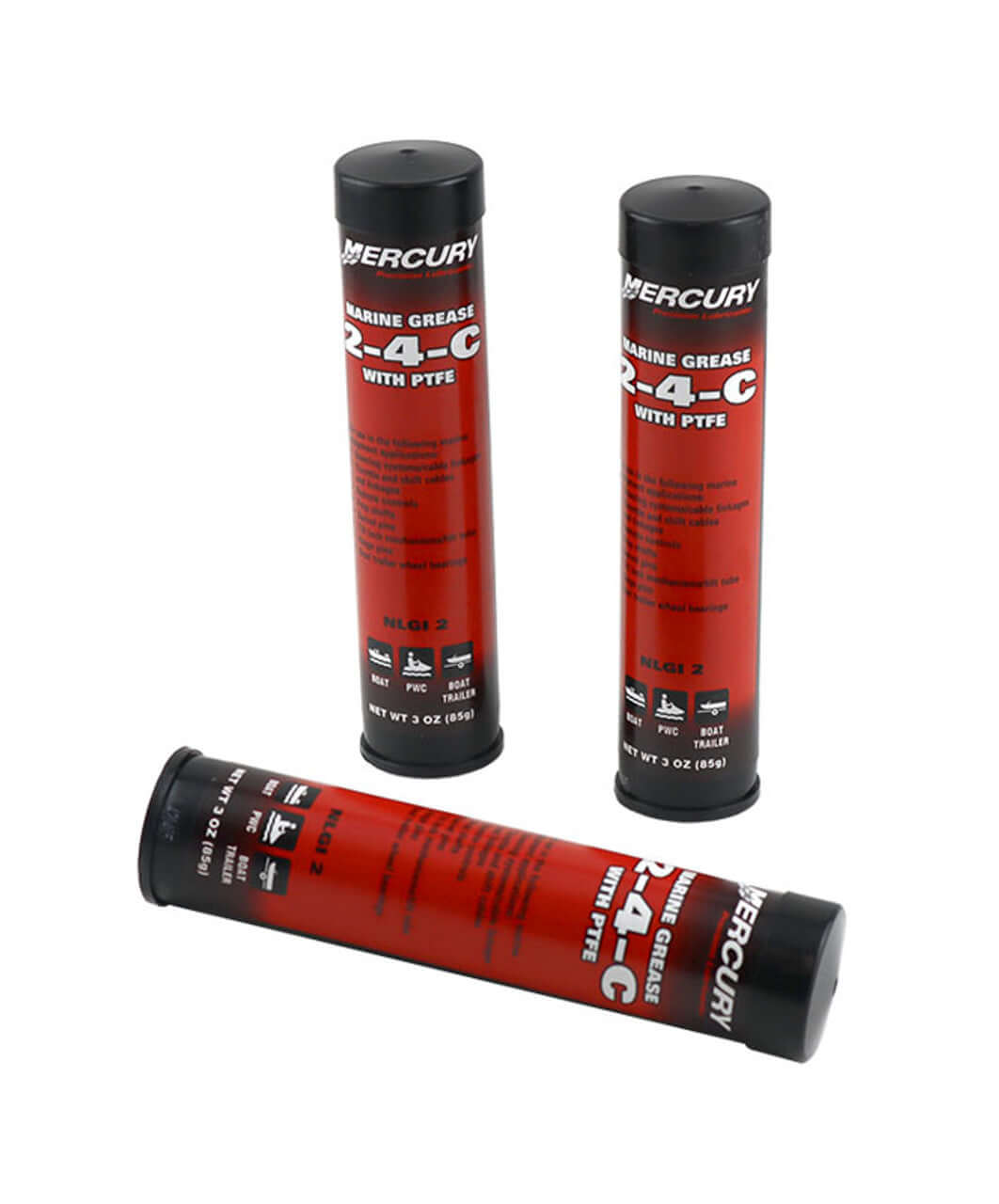 Three tubes of Mercury Marine Grease 2-4-C with PTFE on a white background