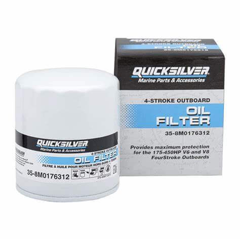 Quicksilver oil filter with packaging on a white background