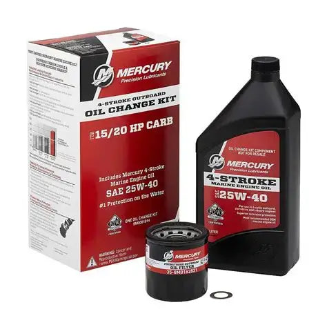 Mercury oil change kit with oil filter and bottle on a white background
