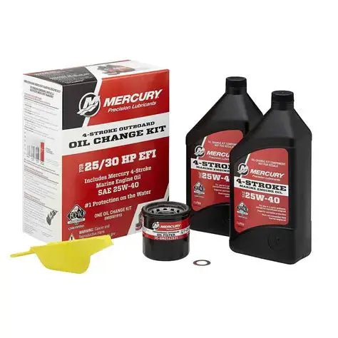 Mercury oil change kit with two bottles of oil, a filter, and a drip tray on a white background.