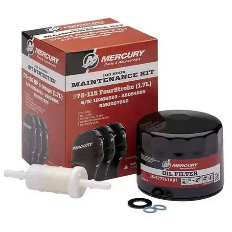 Mercury oil filter and maintenance kit packaging on a white background