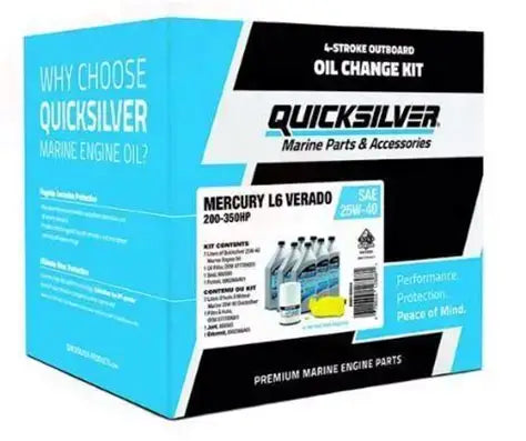 Quicksilver oil change kit packaging for Mercury outboard motors on a white background