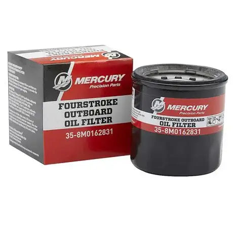 Mercury four-stroke outboard oil filter with packaging on a white background