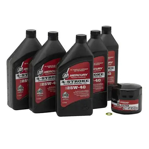 Set of Mercury marine engine oil bottles and a filter on a white background